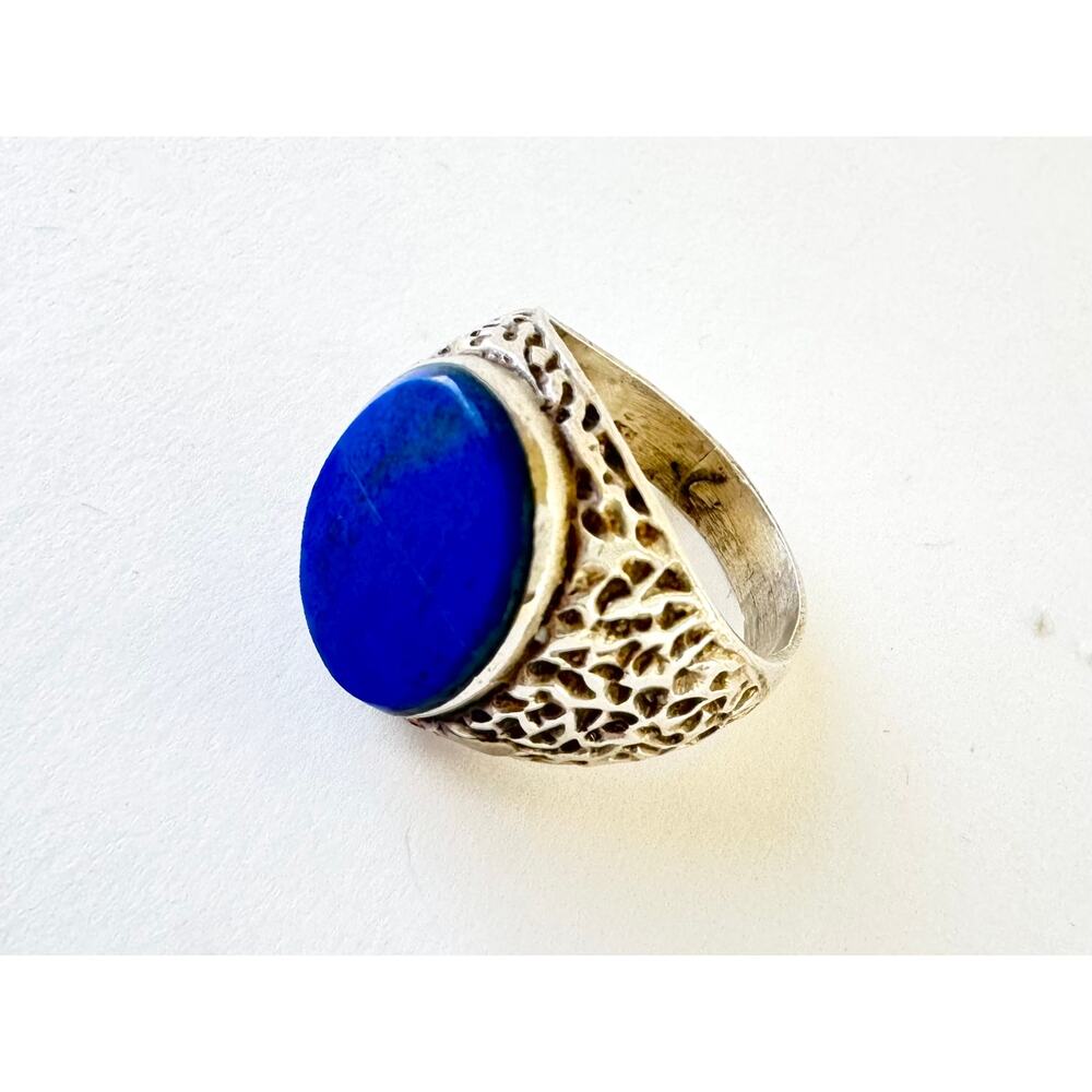 Vintage Afghan Lapis Lazuli Cabochon Sterling 925 Silver Men's Ring US Size 9.5